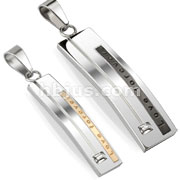 Pair of Stainless Steel Duo Tone Love Forever Carved Dome Rectangle with CZ Couple Pendants