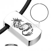 316L Stainless Steel Tag Pendant with Beveled Black IP Tribal Dragon with Black Leatherette Necklace