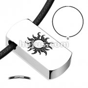 316L Stainless Steel Tag Pendant with Beveled Black IP Blazing Sun with Black Leatherette Necklace