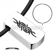 316L Stainless Steel Tag Pendant with Beveled Black IP Tribal Saber with Black Leatherette Necklace