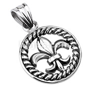 Stainless Steel Royal Fleur De Lis Within Rope Medallion Pendant