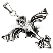 Stainless Steel Gothic Winged Spear With Clear CZ Pendant
