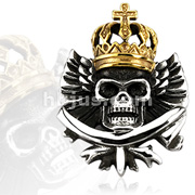 316L Stainless Steel Gold IP Crowned Marduke Skull Pendant 