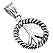 Stainless Steel Peace Symbol Within Rope Medallion Pendant