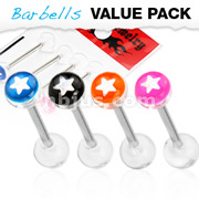 4 Pcs Value Pack of Assorted Color 316L Surgical Steel Barbells with Star Embedded in Clear UV Ball