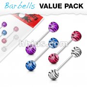 4 Pcs Value Pack of Assorted Color 316L Surgical Steel Barbells with Tiger Print UV Balls