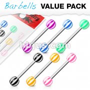 6 Pcs Value Pack of Assorted Color 316L Surgical Steel Barbells with Candy Stripes UV Balls