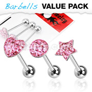 3 Pcs Assorted Shapes 316L Surgical Steel Pink CZ Paved Tongue Ring Pack