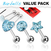 3 Pcs Assorted Shapes 316L Surgical Steel Aqua CZ Paved Tongue Ring Pack