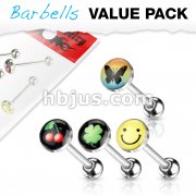 4 Pcs Value Pack of Assorted Logo 316L Surgical Steel Barbell with Logo Ball