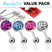 4 Pcs Value Pack of Assorted Color 316L Surgical Steel Barbells with Leopard Print Logo Ball