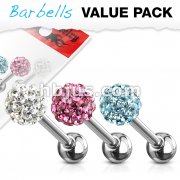 3 Pcs Value Pack of Assorted Color 316L Surgical Steel Barbells with Multi Gem Ferido Balls