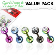 5 Pcs Value Pack of Assorted Color Titanium Anodized Cartilage/Tragus Bar Over 316L Stainless Steel with CZ Top