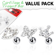 3 Pcs Value Pack of Assorted 316L Surgical Steel Tragus/Cartilage Barbell with Clear Multi Paved Top