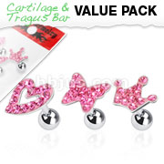 3 Pcs Value Pack of Assorted 316L Surgical Steel Tragus/Cartilage Barbell with Pink Multi Paved Top