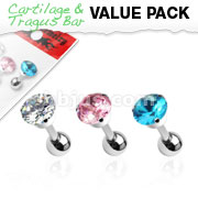 3 Pcs Value Pack of Assorted 316L Surgical Steel Tragus/Cartilage Barbell with 5mm Round CZ 3-Prong Bowl Top