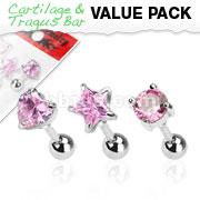 3 Pcs Value Pack of Assorted 316L Surgical Steel Pink CZ Prong Tragus/Cartilage Piercing Stud