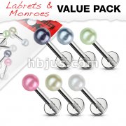 5 Pcs Value Pack of Assorted 316L Surgical Steel Labret Monroe with Pearly Coat Acrylic Balls