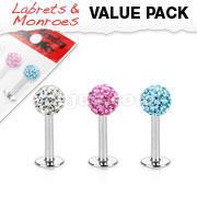 3 Pcs Value Pack of Assorted 316L Surgical Steel Internally Threaded Ferido Crystal Top Labret Monroe