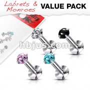 4 Pcs Value Pack of Assorted 316L Surgical Steel Internally Threaded Labret with Prong Set Gem Top 