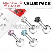 4 Pcs Value Pack of Assorted 316L Surgical Steel Internally Threaded Square Cut Gem Prong Set Labret