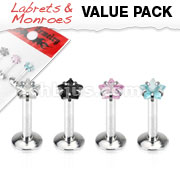 4 Pcs Value Pack of Assorted 316L Surgical Steel Internally Threaded Star Gem Prong Set Labret