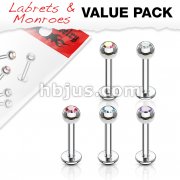 5 Pcs Value Pack of Assorted 316L Surgical Steel Internally Threaded Ferido Crystal Top Labret Monroe