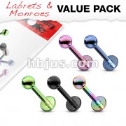 5 Pcs Value Pack of Assorted Titanium Anodized Over 316L Surgical Stainless Steel Labrets & Monroes