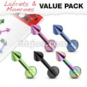 5 Pcs Value Pack of Assorted Titanium Plated Over 316L Surgical Stainless Steel Spike Labret