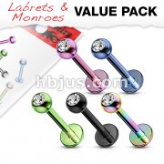 5 Pcs Value Pack of Assorted Titanium Anodized Over 316L Surgical Stainless Steel Labrets & Monroes with Press Fit Gem Balls
