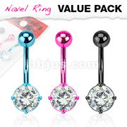 3 Pcs Value Pack of Assorted Color Titanium Anodized Round CZ Prong Navel Ring