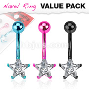3 Pcs Value Pack of Assorted Color Titanium Anodized Star CZ Prong Navel Ring