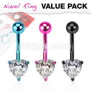 3 Pcs Value Pack of Assorted Color Titanium Anodized Heart CZ Prong Navel Ring