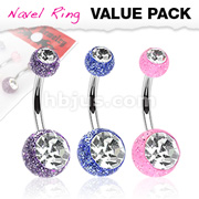 3 Pcs Value Pack of Assorted Color 316L Surgical Steel Navel Ring with 2 Ultra Glitter Gem Balls