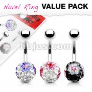 3 Pcs Value Pack of Assorted Color Multi Flower CZ Ferido Navel Ring