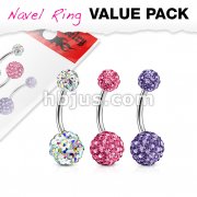 3 Pcs Value Pack of Assorted Color Multi Gem Ferido Navel Ring