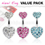 3 Pcs Value Pack of Assorted Color Paved Multi CZ Hearts Navel Ring