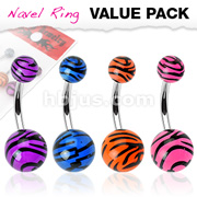 4 Pcs Value Pack of Assorted Color Tiger Stripe UV Navel Ring