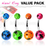 4 Pcs Value Pack of Assorted Color 'Splat' Flourescent UV Navel Ring