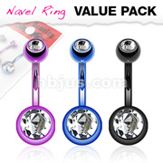 3 Pcs Value Pack of Assorted Color Titanium Anodized Double Gem Ball Navel Ring