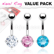 3 Pcs Value Pack of Assorted Color 316L Surgical Steel Round CZ Prong Navel Ring