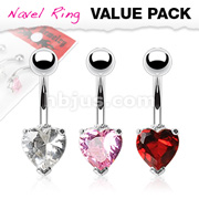3 Pcs Value Pack of Assorted Color 316L Surgical Steel Heart CZ Prong Navel Ring