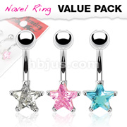3 Pcs Value Pack of Assorted Color 316L Surgical Steel Star CZ Prong Navel Ring