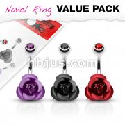 3 Pcs Value Pack of Assorted Color CZ Top Colored Metal Flower Navel Ring