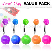 5 Pcs Value Pack of Assorted Color 316L Surgical Steel Navel Ring with Fluorescent Colored Acrylic Disco Balls