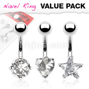 3 Pcs Value Pack of Assorted Shape Clear CZ 316L Surgical Steel Prong Set Navel Rings 
