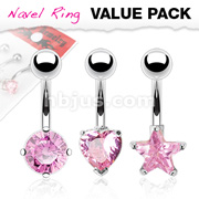 3 Pcs Value Pack of Assorted Shape Pink CZ 316L Surgical Steel Prong Set Navel Rings 