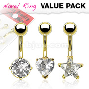 3 Pcs Value Pack of Assorted Shape Clear CZ Gold IP 316L Surgical Steel Prong Set Navel Rings 