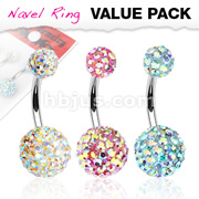 3 Pcs Value Pack of Assorted Aurora Borealis Crystal Ferido 316L Surgical Steel Navel Ring
