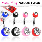 4 Pcs Value Pack of Assorted Color 316L Surgical Steel Navel Rings with Double Clear CZ UV Balls